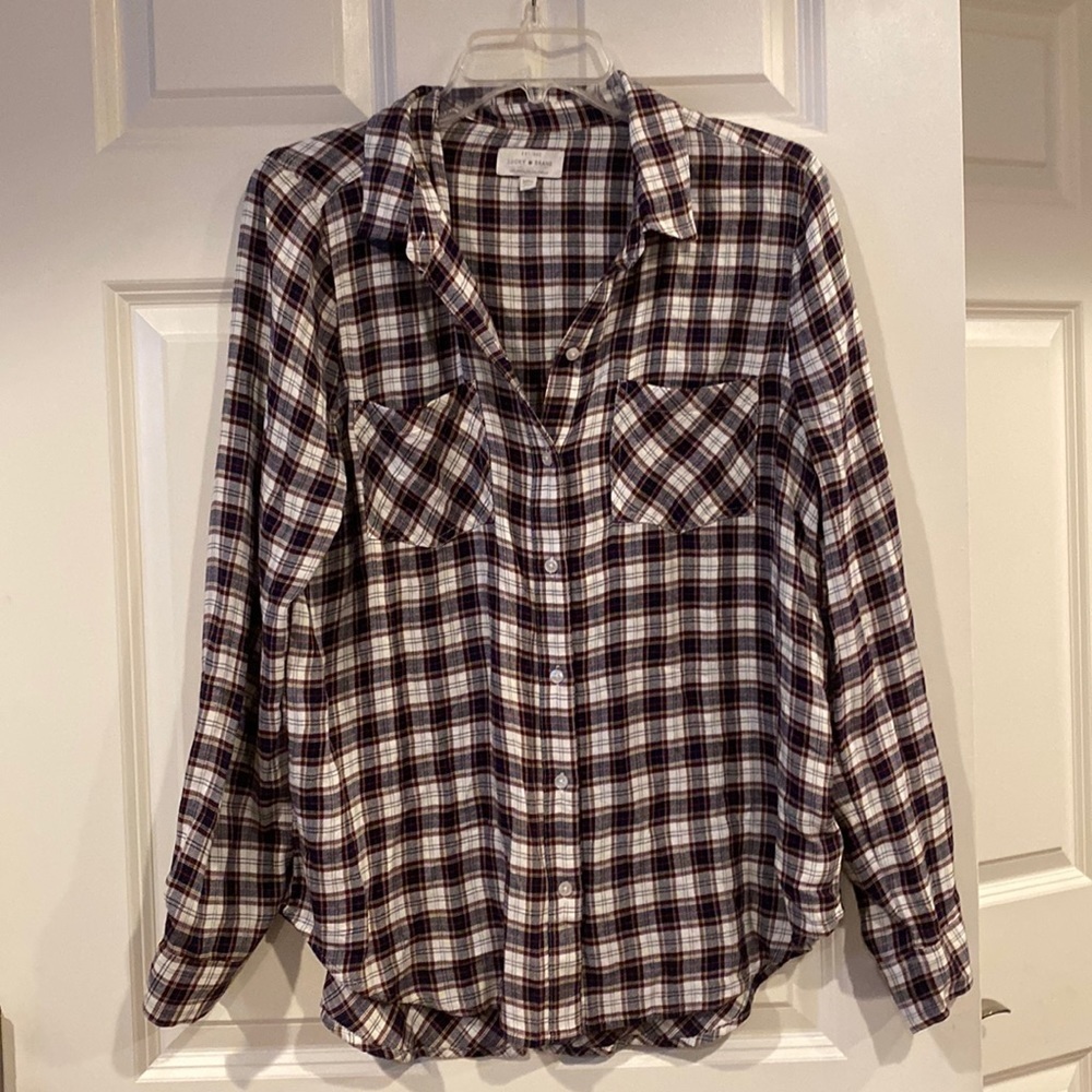 Medium Lucky Brand blue flannel print top with split back